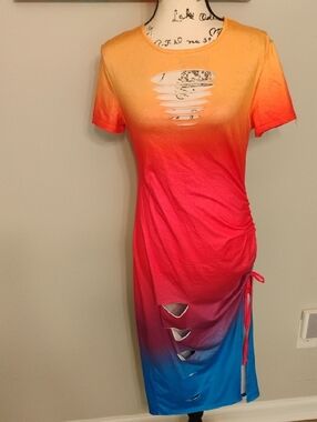 Gradient Cutout Midi Dress in Orange-Pink-Blue